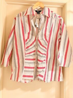 Desire Collection White Button-Up Blouse with Red and Black Stripes